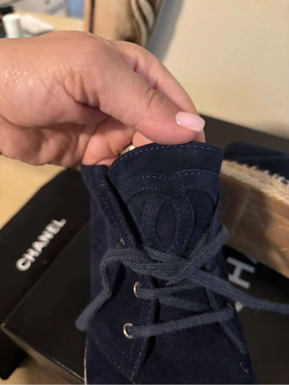 CHANEL Navy Suede Lace-Up Espadrille Boots